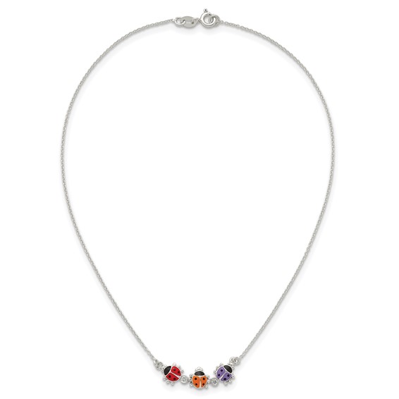 Sterling Silver Polished White CZ with Red/Orange/Purple Enameled Multicolor Ladybugs Childrens 14 inch Necklace