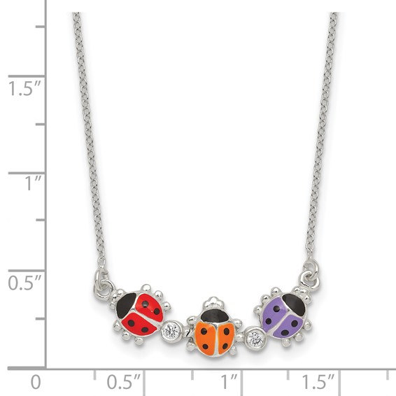Sterling Silver Polished White CZ with Red/Orange/Purple Enameled Multicolor Ladybugs Childrens 14 inch Necklace
