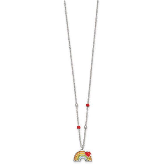 Sterling Silver Polished Beaded Enameled Heart on Rainbow Childrens 14 inch Necklace