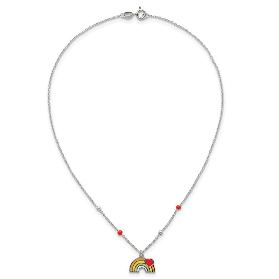 Sterling Silver Polished Beaded Enameled Heart on Rainbow Childrens 14 inch Necklace