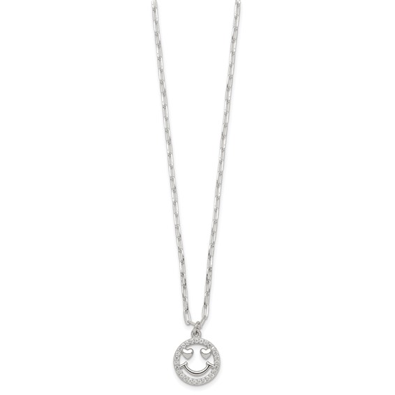 Sterling Silver Polished White CZ Smiley Face with Heart Eyes 16 inch Necklace