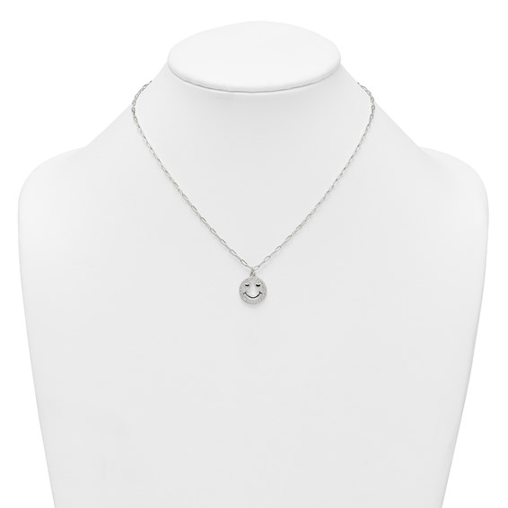 Sterling Silver Polished White CZ Smiley Face with Heart Eyes 16 inch Necklace