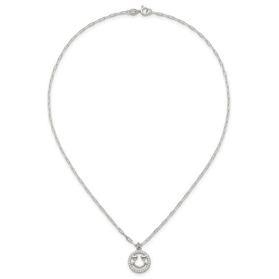 Sterling Silver Polished White CZ Smiley Face with Heart Eyes 16 inch Necklace