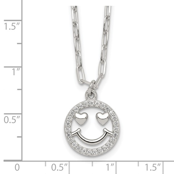 Sterling Silver Polished White CZ Smiley Face with Heart Eyes 16 inch Necklace