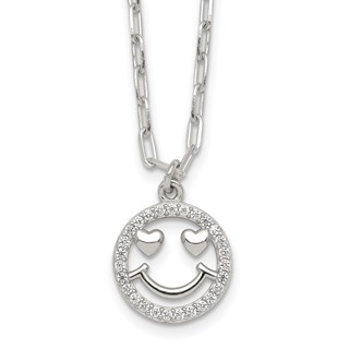 Sterling Silver Polished White CZ Smiley Face with Heart Eyes 16 inch Necklace