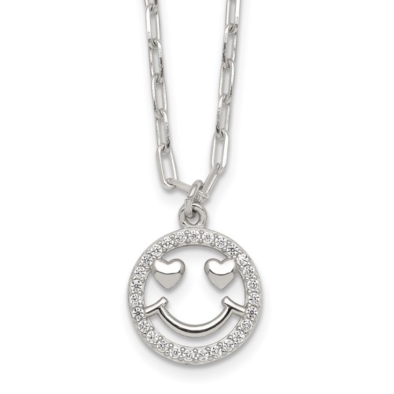 Sterling Silver Polished White CZ Smiley Face with Heart Eyes 16 inch Necklace