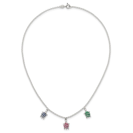 Sterling Silver Polished Green/Red/Blue Nano Crystal Turtles 16 inch Necklace