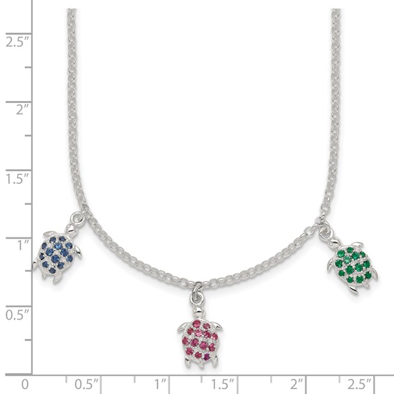 Sterling Silver Polished Green/Red/Blue Nano Crystal Turtles 16 inch Necklace