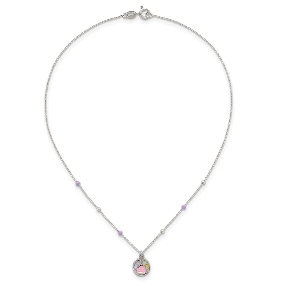 Sterling Silver Polished Beaded Enameled Multi-color Heart Pawprint Childrens 14 inch Necklace