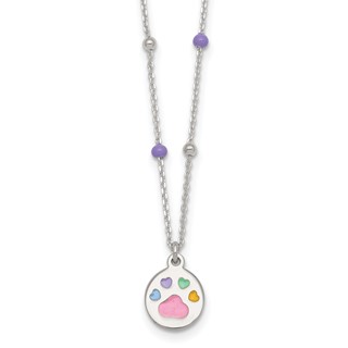Sterling Silver Polished Beaded Enameled Multi-color Heart Pawprint Childrens 14 inch Necklace