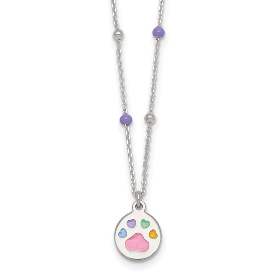 Sterling Silver Polished Beaded Enameled Multi-color Heart Pawprint Childrens 14 inch Necklace