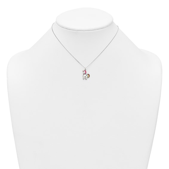 Sterling Silver Polished White and Rainbow Enameled Unicorn Childrens 14 inch Necklace