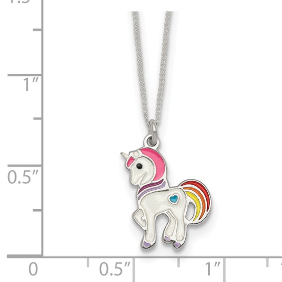 Sterling Silver Polished White and Rainbow Enameled Unicorn Childrens 14 inch Necklace