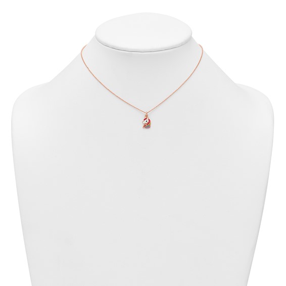 Sterling Silver Rose-tone Polished White and Rainbow Enameled Unicorn Childrens 14 inch Necklace