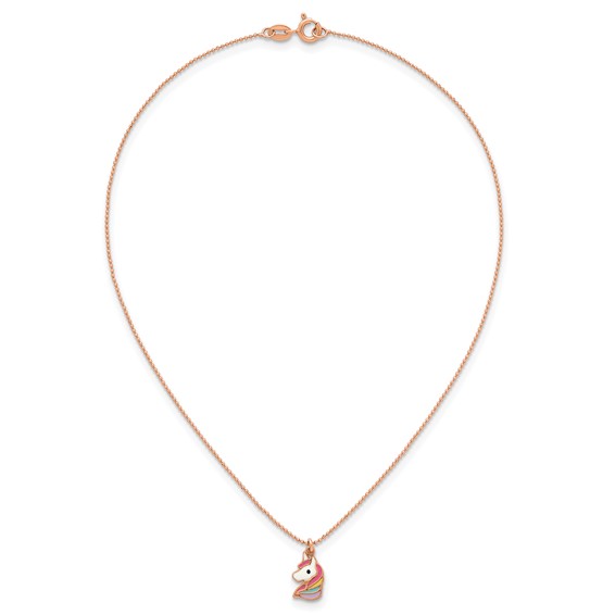 Sterling Silver Rose-tone Polished White and Rainbow Enameled Unicorn Childrens 14 inch Necklace