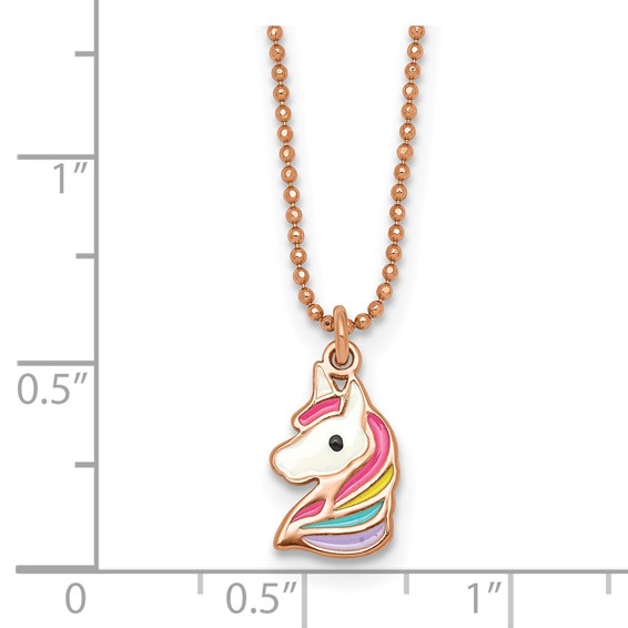 Sterling Silver Rose-tone Polished White and Rainbow Enameled Unicorn Childrens 14 inch Necklace