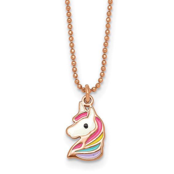 Sterling Silver Rose-tone Polished White and Rainbow Enameled Unicorn Childrens 14 inch Necklace