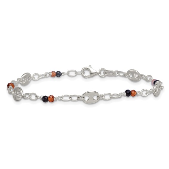 Sterling Silver Polished and Beaded Garnet and Spinel Fancy Link 7.5 inch Bracelet
