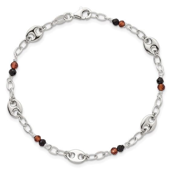 Sterling Silver Polished and Beaded Garnet and Spinel Fancy Link 7.5 inch Bracelet