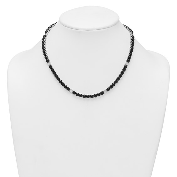 Sterling Silver Rhodium-plated Polished Pave CZ and Onyx 17 Inch with 3 Inch Extension Necklace