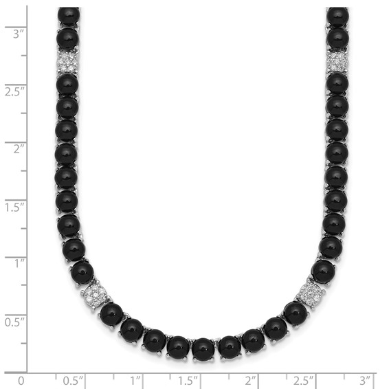 Sterling Silver Rhodium-plated Polished Pave CZ and Onyx 17 Inch with 3 Inch Extension Necklace
