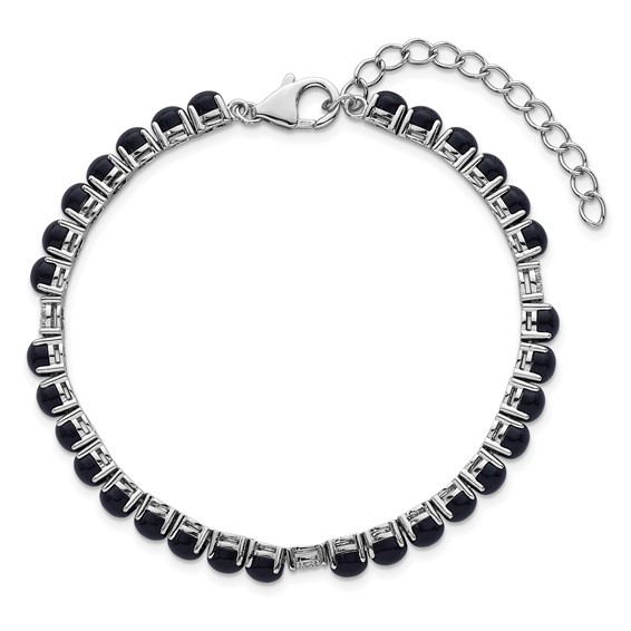 Sterling Silver Rhodium-plated Polished Pave CZ and Onyx 7.5 Inch with 1.5 Inch Extension Bracelet