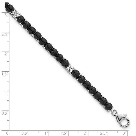 Sterling Silver Rhodium-plated Polished Pave CZ and Onyx 7.5 Inch with 1.5 Inch Extension Bracelet