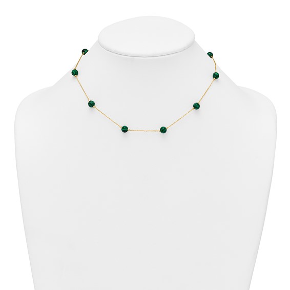 Sterling Silver Gold-Tone Polished Lab Created Malachite 16 Inch with 2 Inch Extension Necklace