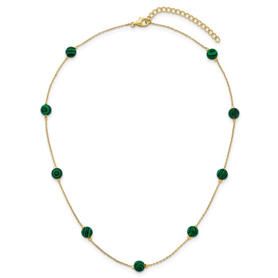 Sterling Silver Gold-Tone Polished Lab Created Malachite 16 Inch with 2 Inch Extension Necklace