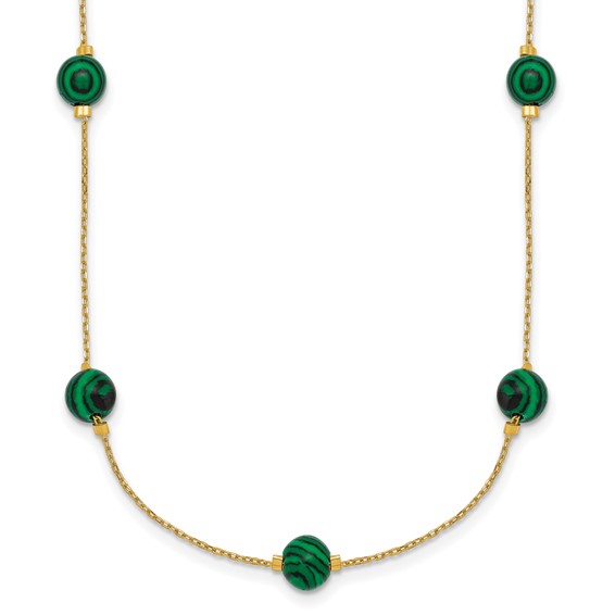 Sterling Silver Gold-Tone Polished Lab Created Malachite 16 Inch with 2 Inch Extension Necklace