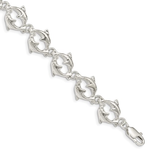 Sterling Silver Polished Dolphins Bracelet, 7"