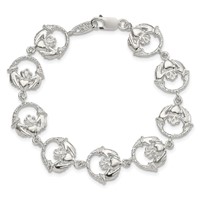 Sterling Silver Polished and Textured Claddagh Link 7 Inch Bracelet view 3