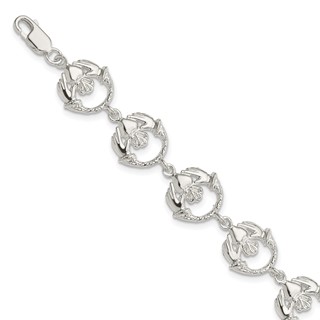 Sterling Silver Polished and Textured Claddagh Link 7 inch Bracelet
