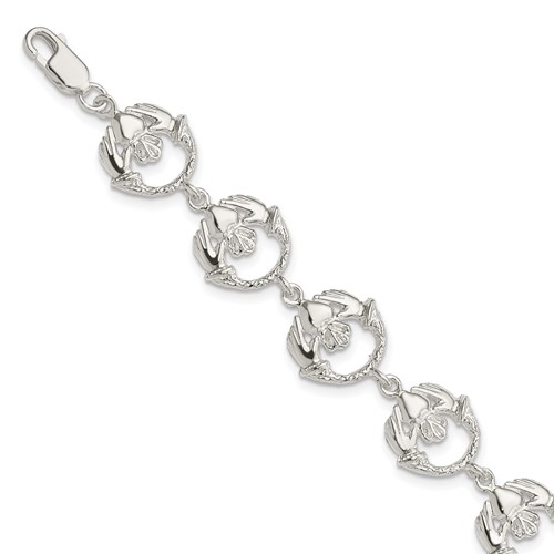 Sterling Silver Polished and Textured Claddagh Link Bracelet, 7"