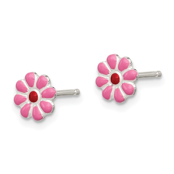 Sterling Silver Madi K Polished Pink & Red Enameled Flower Children's Post Earrings