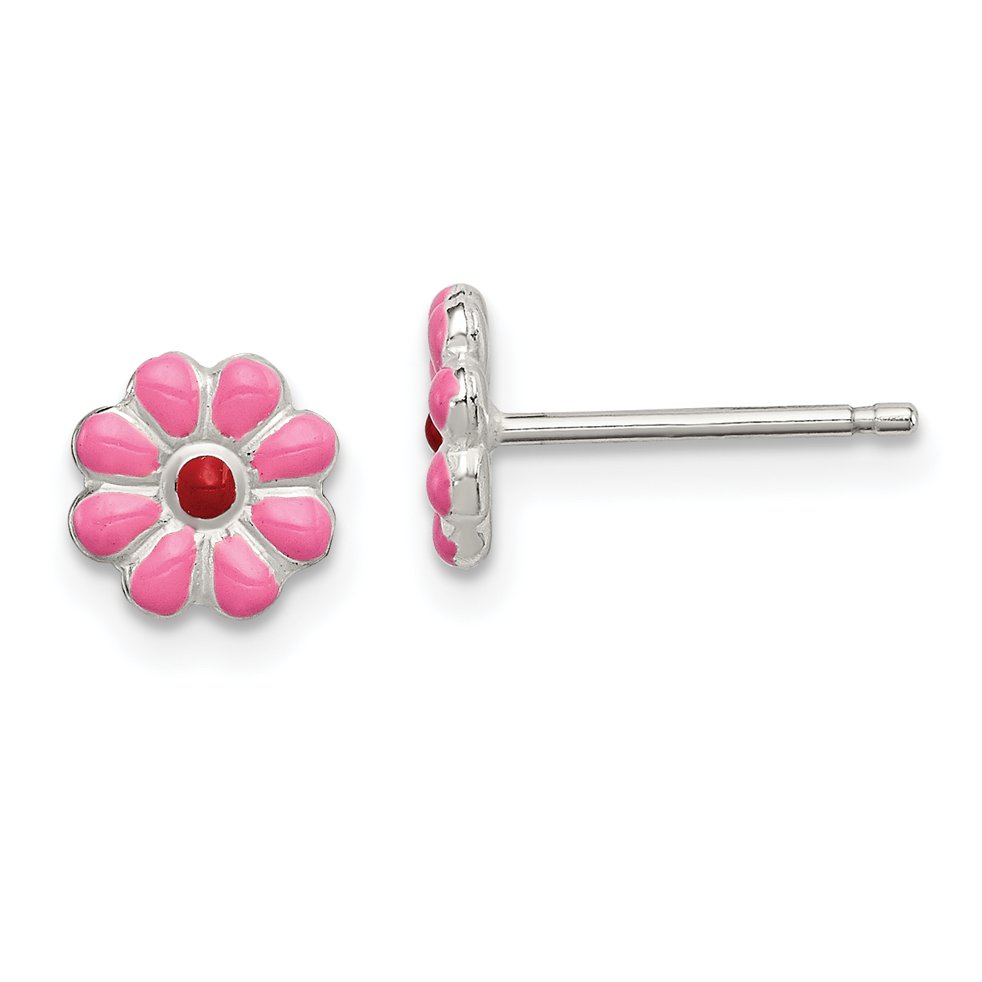 Sterling Silver Madi K Polished Pink & Red Enameled Flower Children's Post Earrings (QGK103)