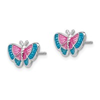 Sterling Silver Rhodium-plated Madi K Polished Pink & Blue Enameled Butterfly Post Earrings view 2