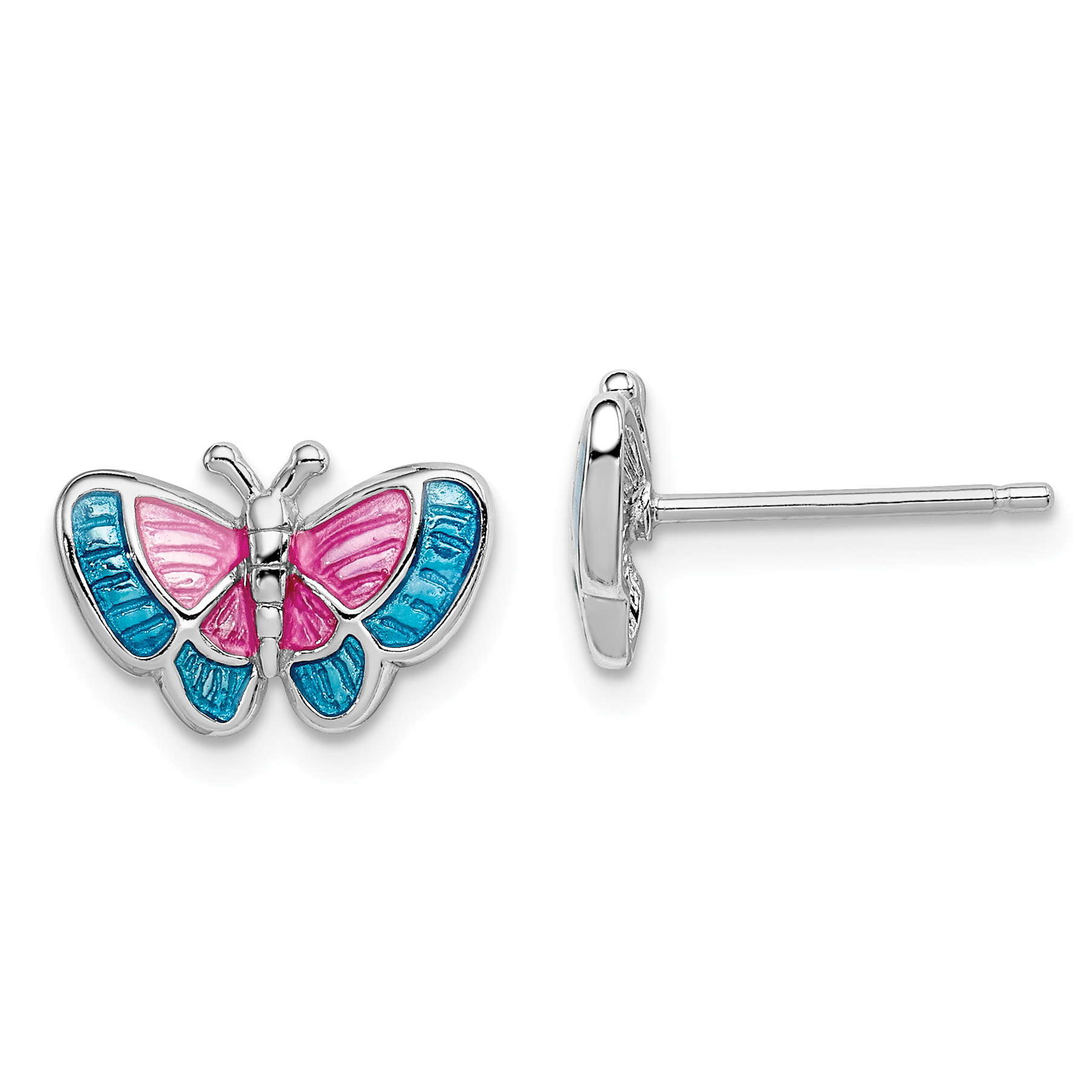 Sterling Silver Rhodium-plated Madi K Polished Pink & Blue Enameled Butterfly Children's Post Earrings (QGK107)