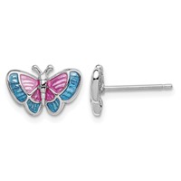 Sterling Silver Rhodium-plated Madi K Polished Pink & Blue Enameled Butterfly Post Earrings view 1