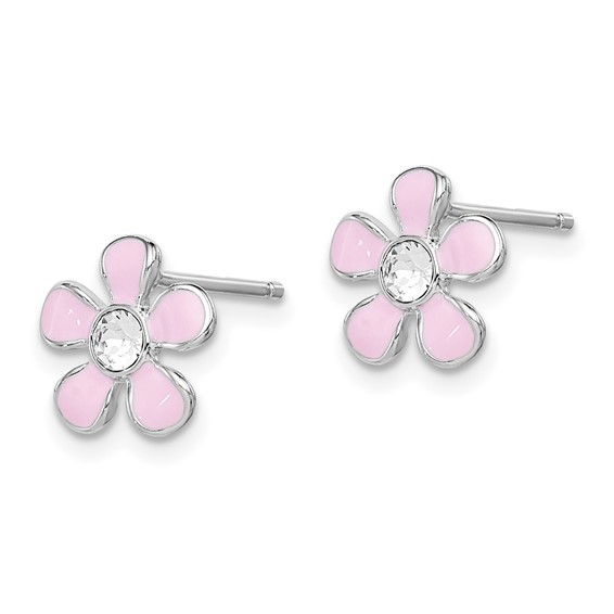 Sterling Silver Madi K Rhodium-plated Polished Pink Enamel & Crystal Flower Children's Post Earrings