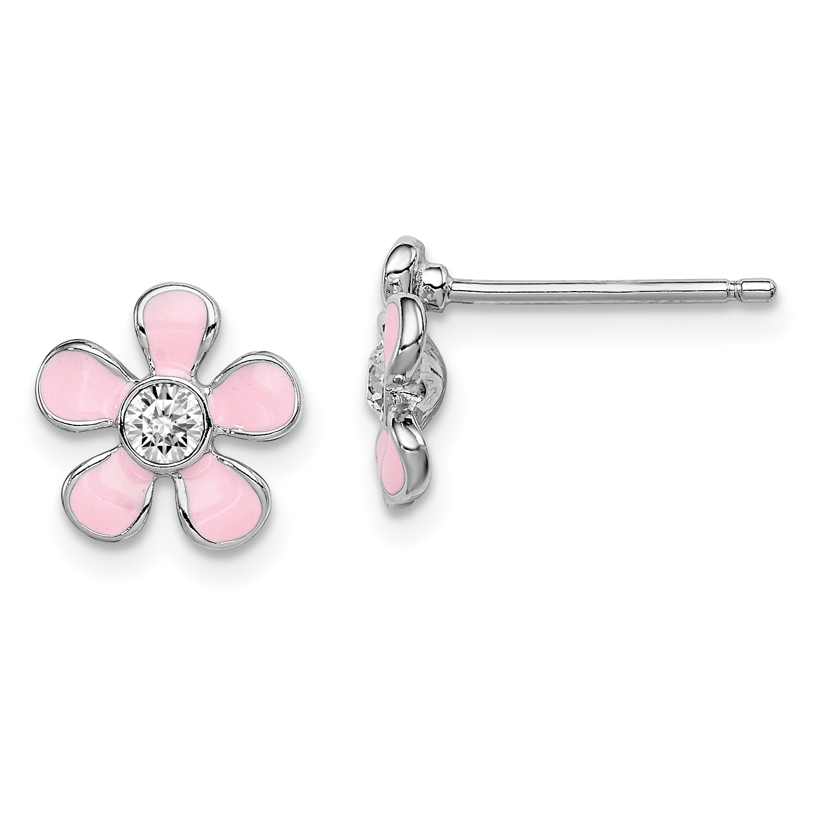 Sterling Silver Madi K Rhodium-plated Polished Pink Enamel & Crystal Flower Children's Post Earrings (QGK108)