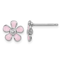 Sterling Silver Madi K Rhodium-plated Polished Pink Enamel & Crystal Flower Post Earrings view 1