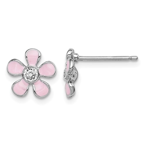 Sterling Silver Madi K Rhodium-plated Polished Pink Enamel & Crystal Flower Post Earrings