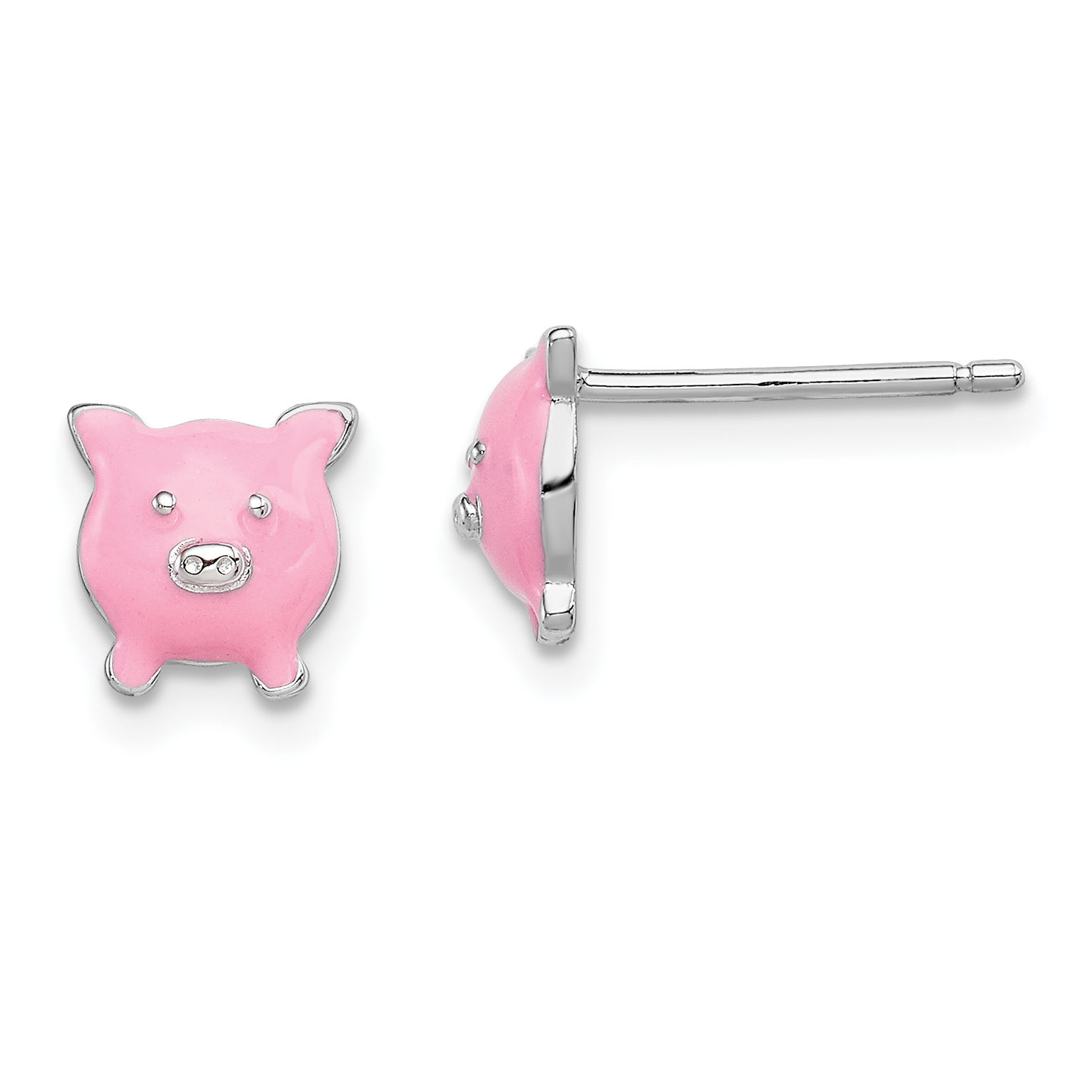 Sterling Silver Madi K Rhodium-plated Polished Pink Enameled Pig Children's Post Earrings (QGK117)