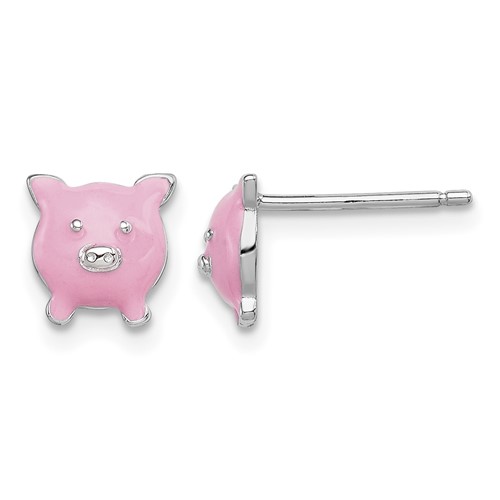 Sterling Silver Madi K Rhodium-plated Polished Enameled Pink Pig Post Earrings