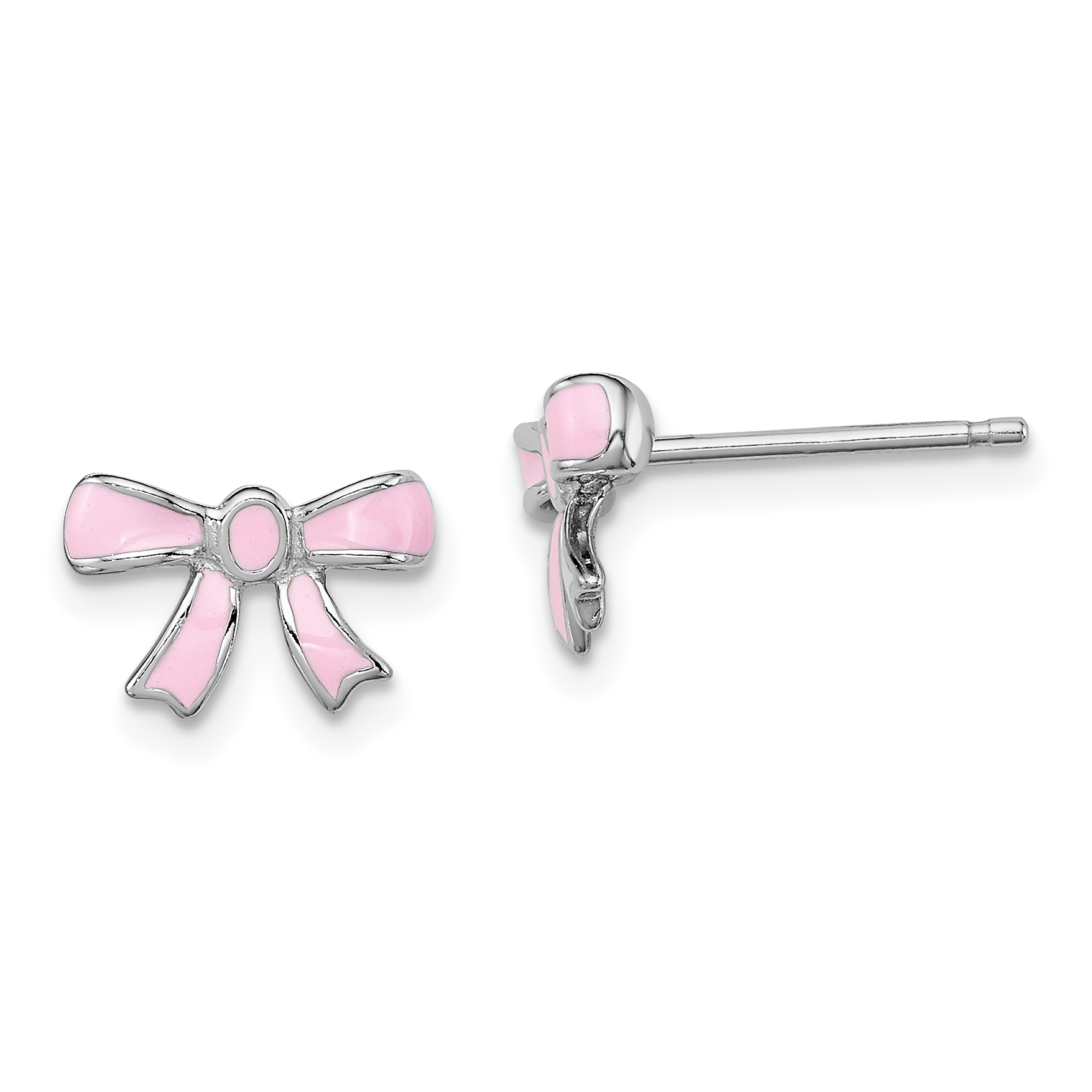 Sterling Silver Madi K Rhodium-plated Pink Enamel Bow Children's Post Earrings (QGK119)