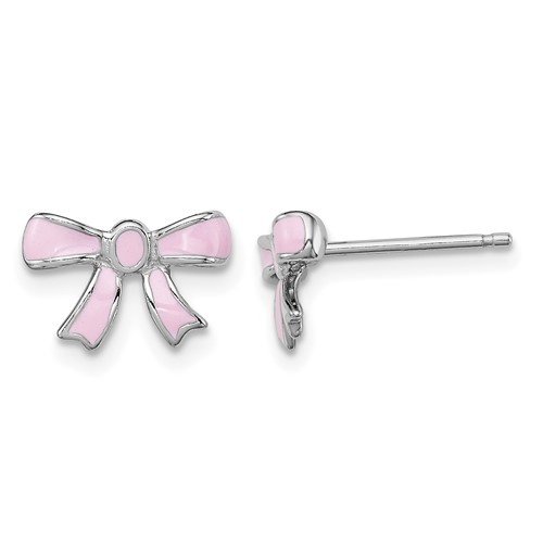 Sterling Silver Madi K Rhodium-plated Pink Enamel Bow Post Earrings