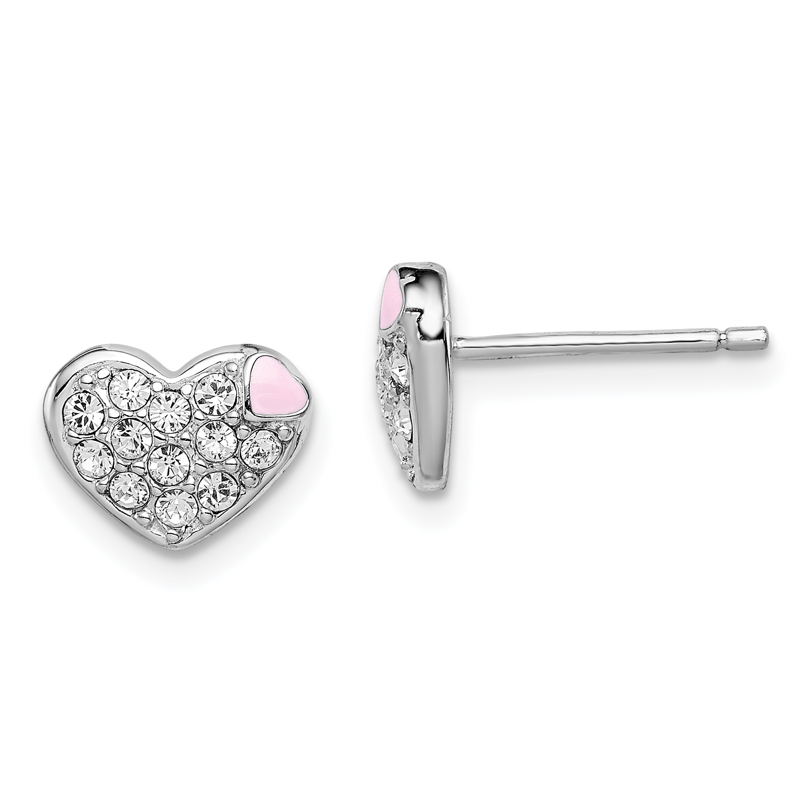 Sterling Silver Madi K Rhodium-plated Pink Enamel & Crystal Heart Children's Post Earrings (QGK132)