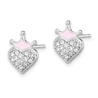 Sterling Silver Madi K Rhodium-plated Polished Pink Enamel Crown & Crystal Heart Post Earrings view 2