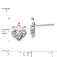 Sterling Silver Madi K Rhodium-plated Polished Pink Enamel Crown & Crystal Heart Post Earrings view 4